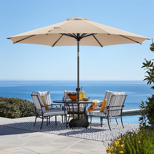 wikiwiki 10FT Patio Umbrella with Base, Outdoor Umbrellas with Base Included, 8 Sturdy Ribs, Waterproof Fade Resistant POLYESTER DTY Canopy for Deck, Lawn, Garden, Backyard & Pool, Beige