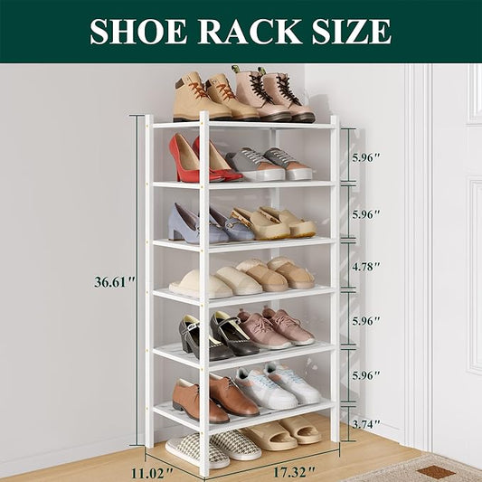 Smiry Small Bamboo Shoe Rack 6-Tier, Stackable Wooden Shoe Organizer for Entryway & Closet, Free Standing Wood Shoe Storage Shelf for Front Door & Small Spaces, White