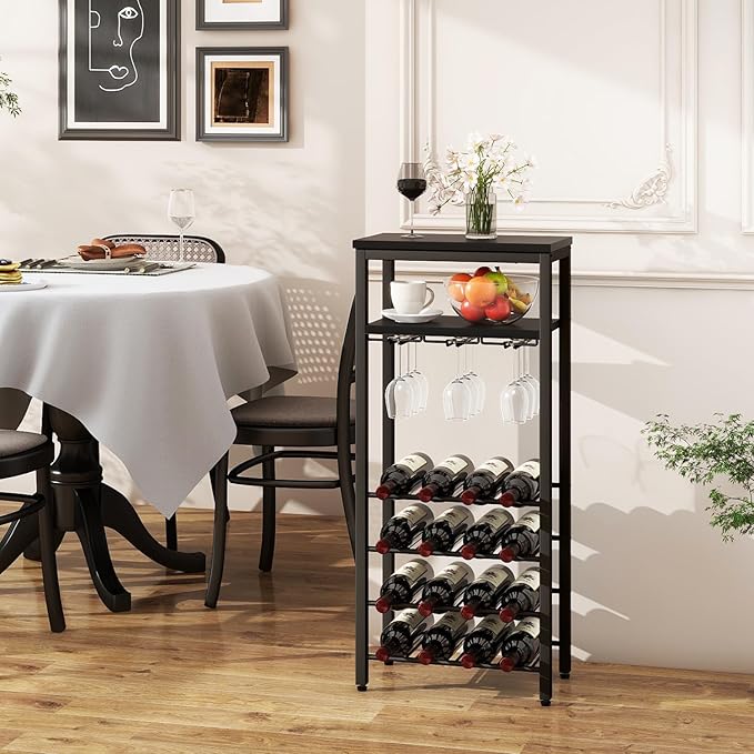 IBUYKE Wine Racks Freestanding Floor,Liquor Bottle Holder,16 Bottles Wine Cabinet with Glass Holder,Wine Holder Display,Mini Wine Bar Table for Living Room,Kitchen Pantry,Dining Room,Black UTMJ907B