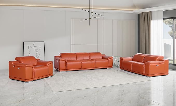 BlackJack Furniture Venice Top Grain Italian Leather 6 Power Recliner Seaters 3 Piece Sofa Set with Adjustable Headrests Modern Luxury Seating Sofa, Loveseat and Chair for Living Room Lounge, Camel