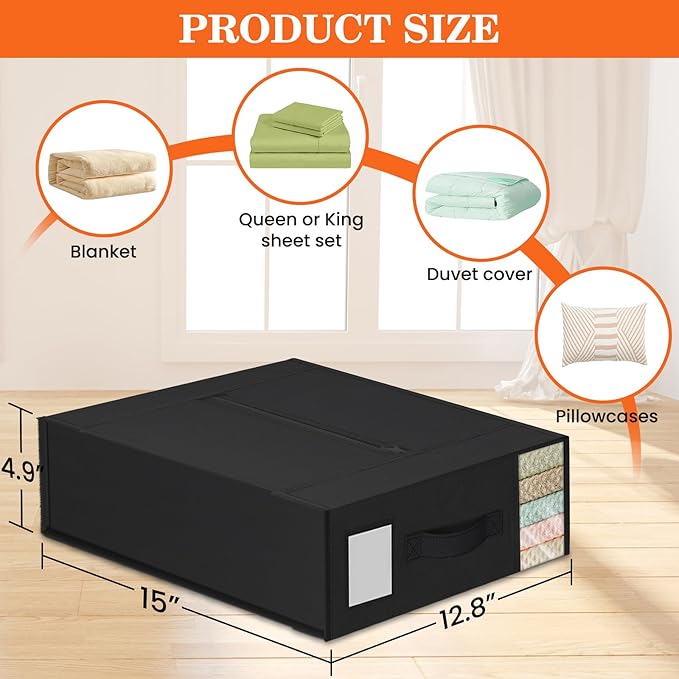 WOWBOX Sheet Organizers and Storage,Closet Bed Sheet Organizer Under Bed Storage and Organization with Label Cards & Clear Window for Bedding Sheets,Duvet Covers,Blankets (3 Pack，Black)