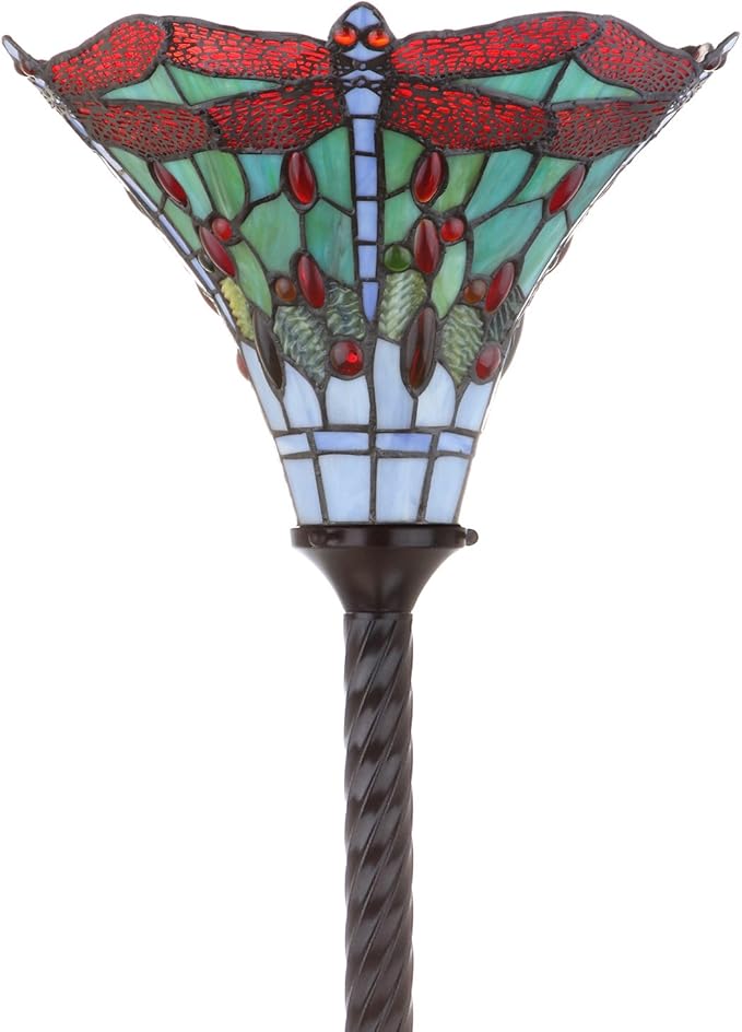 JONATHAN Y 71" Bronze/Red Dragonfly Tiffany-Style LED Floor Lamp, Traditional Standing Light for Living Room, Multi-Color Stained Glass Shade, LED Bulb Included JYL8002A