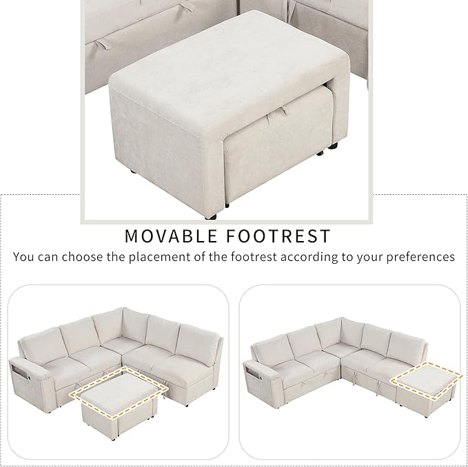 90.6" L-Shaped Modular Padded Cloud Sectional Fabric Sofa Set with Pull Out Bed, Convertible Sectional Couches w/Storage Space and USB Ports & Cup Holders on The Armrests,for Living Room,Beige