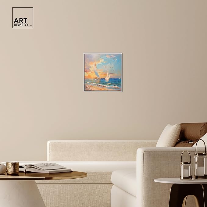 Art Remedy Sailboats In The Sunset Framed Sailing 1 Piece Canvas Wall Art, 21" x 21", White Frame