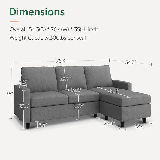 HONBAY Convertible Sectional Sofa, L Shaped Couch with Reversible Chaise, Sectional Couch for Small Space Apartment, Mid Grey
