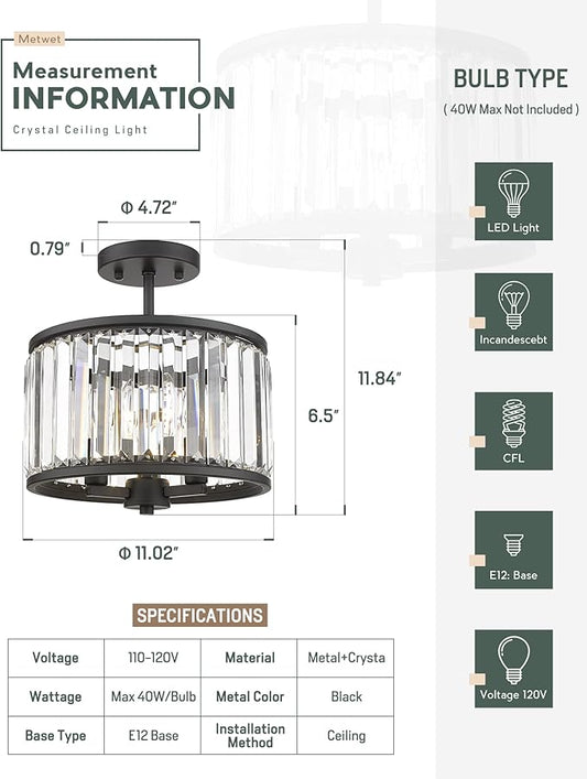 Semi Flush Mount Ceiling Light Fixture, 11" Crystal Light Fixture, 3-Light Modern Lamps with Matte Black Finish for Bathroom, Dinning Room, Hallway, Bedroom, SM821-MB