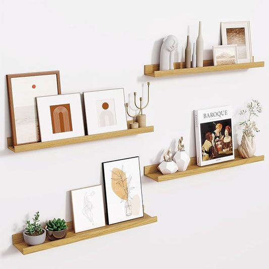 Fun Memories Picture Ledge Shelf - 30 Inches Floating Shelves Set of 4 - Floating Shelves with Lip for Storage - Wood Bookshelf Wall Mounted for Bedroom - Living Room - Kitchen - Oak Color