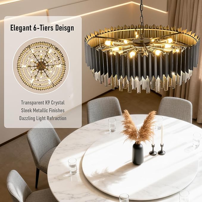 Black Crystal Chandelier 30'' K9 Smoke Gray Crystal Round Pendant Lights 12 Lights 6-Tier Large Modern Chandelier Light for Dining Room Living Room Bedroom Foyer Entryway