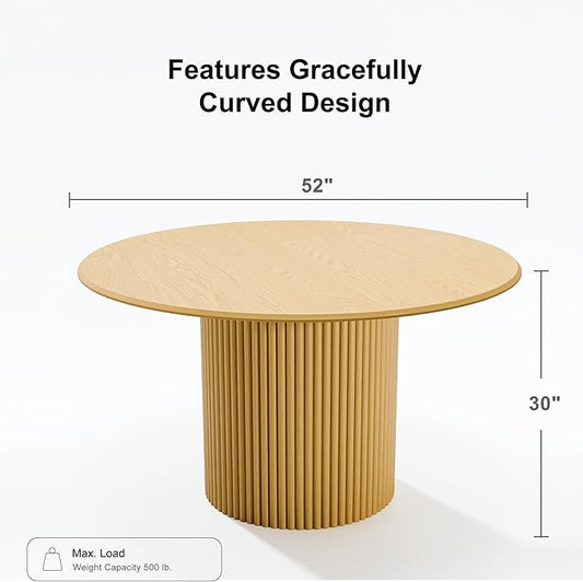 Casaphoria 52" Round Dining Table, Modern Wood Kitchen Table with Cylinder Stripe Base for Living Room & Dining Room, Easy Assembly Farmhouse Furniture for 4-6, Oak