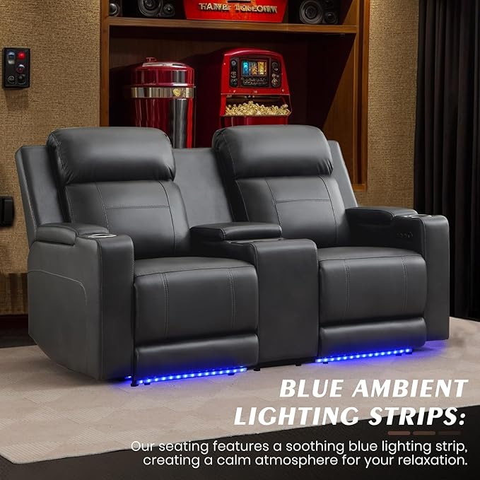 Power Reclining Loveseat with Console/Wireless Charging, Power Loveseat Recliner Sofa with Power Headrest/LED Light/Armrest Storage, Wall Hugger Reclining Loveseat(Dark Grey, 2 Seater)