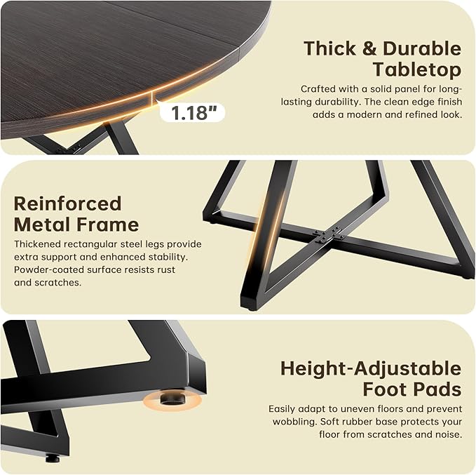 Concho 47" Round Kitchen Dining Room Table for 4-6 Circle Dining Dinner Table with Pedestal Metal Frame,Space Saving Wood Kitchen & Dining Room Furniture, Dark Coffee Gray