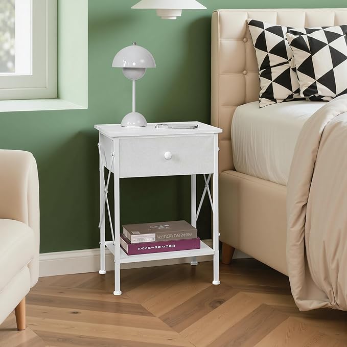 VECELO Nightstand, X-Design End Side Table with Fabric Storage Drawer and Open Shelf, Bedside Night Stand with Steel Frame for Bedroom, Living Room,Dorm, Easy Assembly, White