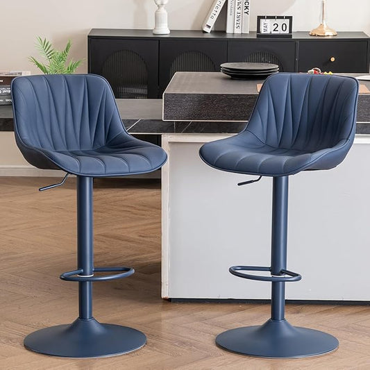 Kidol & Shellder Bar Stools Set of 2 Blue Adjustable Swivel Counter Height Barstools Upholstered Modern PU Leather Bar Chairs Stools for Kitchen Island