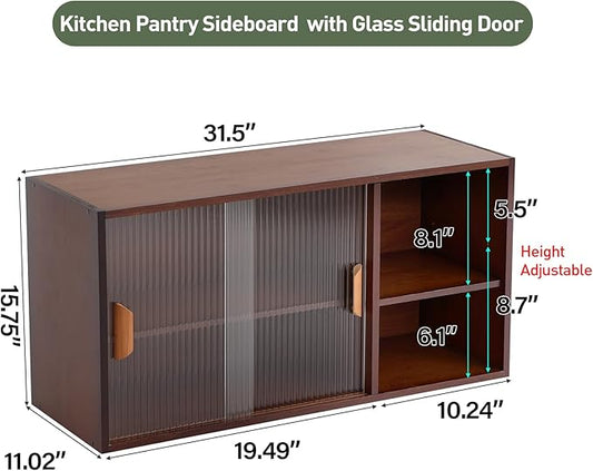 Wall Mounted Bamboo Countertop Storage Cabinet with Glass Door, Hanging Kitchen Cupboard with Adjustable Shelves, Small Pantry Sideboard for Dining Room, Bathroom, Walnut