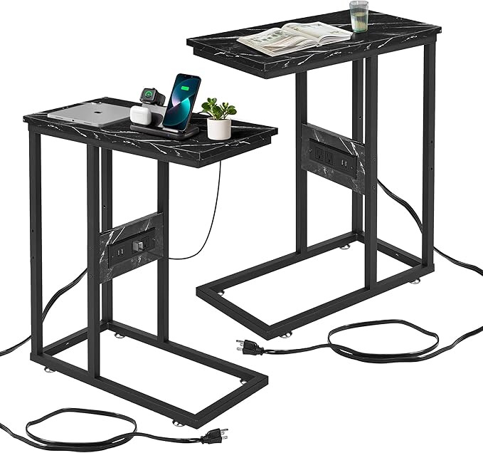 VECELO C-Shaped End Side Table Set of 2, with Charging Station & Two USB Ports and Outlets for Living Room, Bedroom, with Adjustable Feet for Couch/Sofa, Bedside, Small Spaces，Black Marble