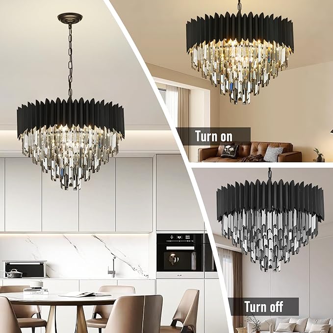 Black Crystal Chandelier 24'' K9 Smoke Gray Crystal Round Pendant Lights Adjustable 5-Tier Modern Chandelier Light 10-Lights for Dining Room Living Room Kitchen Foyer Entryway