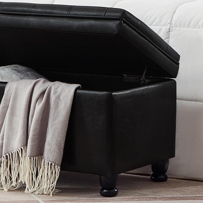 Upholstered Ottoman with Storage,Entryway Bench with Tufted Buttons and Spindle Wooden Legs for Living Room,Bedroom,Black PU