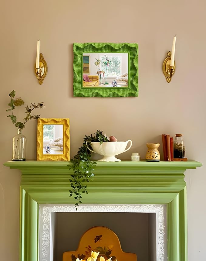 Nature-Inspried Mirror Wall Decor for Bedroom Hallway Guest Room, 7.5x5.7 Decorative Makeup Mirror with Flocking Finish for Desk Gallery Wall, Warm Gift for New Homeowners (Lawn Green)