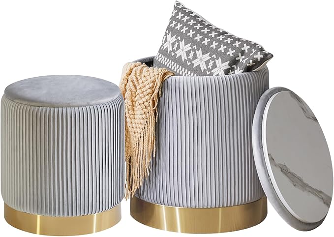 IBUYKE Round Storage Ottoman Set of 2 Ottoman for Dorm Vanity Stool with Storage Velvet FootStools End Table Boucle Ottoman for Home Organization Gray UWBD016G