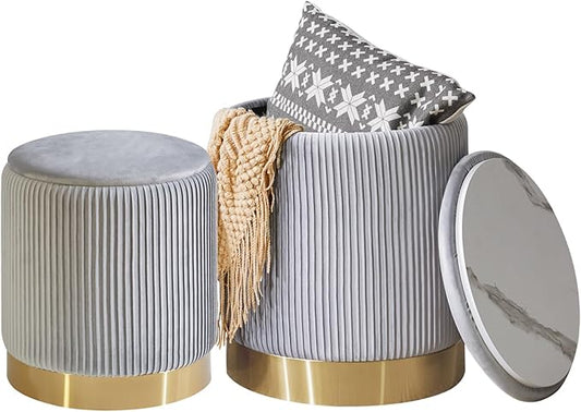 IBUYKE Round Storage Ottoman Set of 2 Ottoman for Dorm Vanity Stool with Storage Velvet FootStools End Table Boucle Ottoman for Home Organization Gray UWBD016G