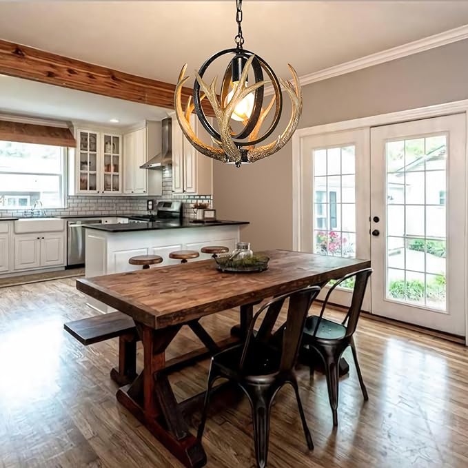 Rustic Antler Chandelier, 14" Farmhouse Chandelier with Resin 4 Antlers and Retro Metal Globe Chandelier Vintage Style for Dining Room, Kitchen, Hallway, Pendant Lights