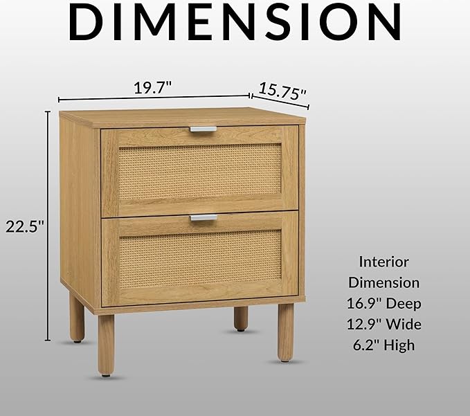 SANGO Orre 2-Drawer Nightstand, Modern Brown Bedside Table with Synthetic Rattan Drawer Panels, Cylindrical Wood Legs, Discreet Finger Pulls, Smart Storage for Living Room or Office Room