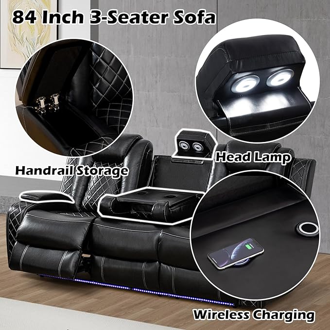 Leather Power Recliner Sofa Set with LED Light，Living Room Furniture Set, Leather Reclining Sofa Set with USB Port Storage Armrest(Sofa+Loveseat+Chair, Black)