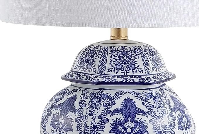 JONATHAN Y 25" Blue/White Classic Traditional Ginger Jar Ceramic LED Table Lamp, Chinoiserie Table Lamp for Living Room Bedroom, Gold Base, White Linen Shade, LED Bulb Included JYL3051A
