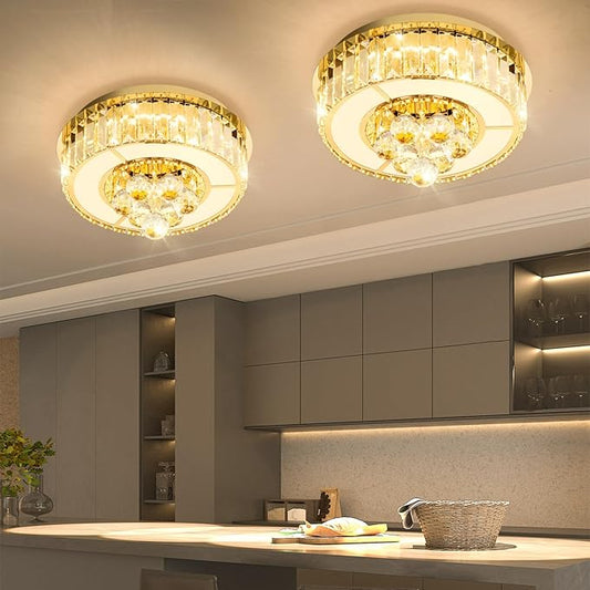 11.8'' Gold Modern Crystal Chandeliers for Dining Room LED Dimmable Light Fixtures Flush Mount Light Living Room Bedrooms