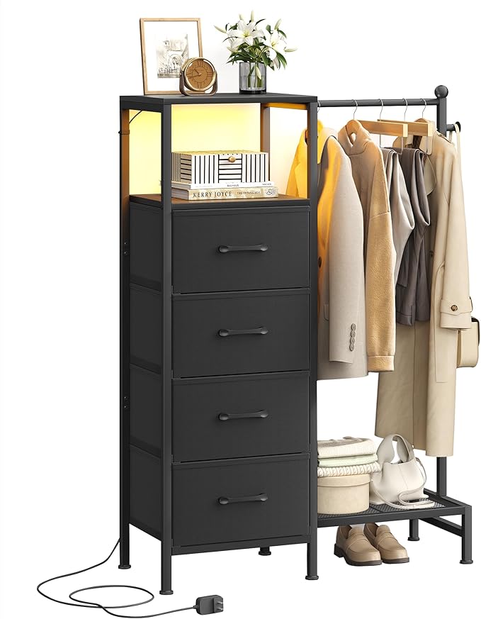 Dresser for Bedroom with Reversible Hanging Rack, 4 Drawers Dresser with LED Lights, Fabric Dressers with Open Shelf, Chest of Drawers with Clothes Rack, Kids Dressers for Bedroom, Black