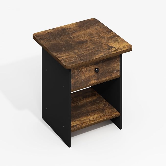 Furinno Modern Side Table, Square End Table with Storage Bin, Round Corner Night Stand, Bedside Table with Storage Shelf, for Living Room, Bedroom, Amber Oak