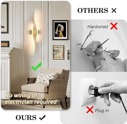 Battery Operated Wall Sconces Set of Two with Remote Control, Dimmable/3 Colors/Night-Light/Timer/Memory, Gold Modern Wireless LED Sconce for Living Room, Hallway, Bedroom, 39.3 Inch (2 Pack)