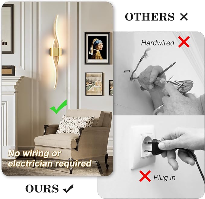 Battery Operated Wall Sconces with Remote Control, Dimmable/3 Colors/Night-Light/Timer/Memory, Gold Modern Wireless LED Sconce for Living Room, Hallway, Bedroom, 39.3 Inch (1 Pack)