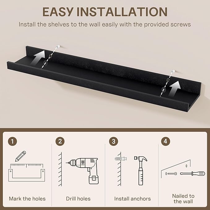 Fun Memories Picture Ledge Shelf - 32 Inches Floating Shelves Set of 4 - Floating Shelves with Lip for Storage - Wood Bookshelf Wall Mounted for Bedroom - Living Room - Kitchen - Black Color