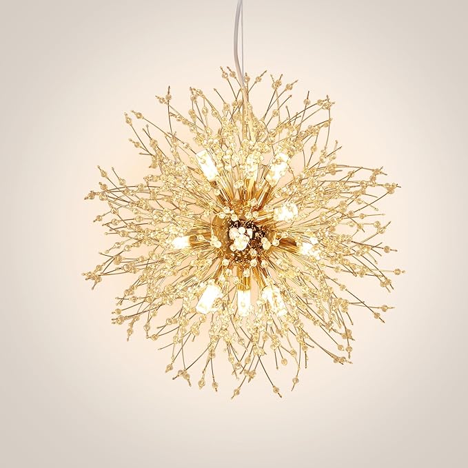 Depuley Gold Dandelion Light Fixtures, 12-Light Crystal Chandelier Lights Sparkle Pendant Light, Firework Starburst Chandelier Design for Living Room, Bedroom, Stairs, Hallway, G9 Bulb Not Included