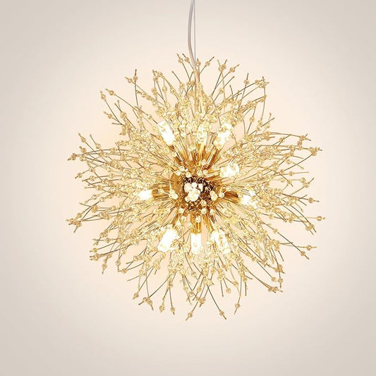 Depuley Gold Dandelion Light Fixtures, 12-Light Crystal Chandelier Lights Sparkle Pendant Light, Firework Starburst Chandelier Design for Living Room, Bedroom, Stairs, Hallway, G9 Bulb Not Included