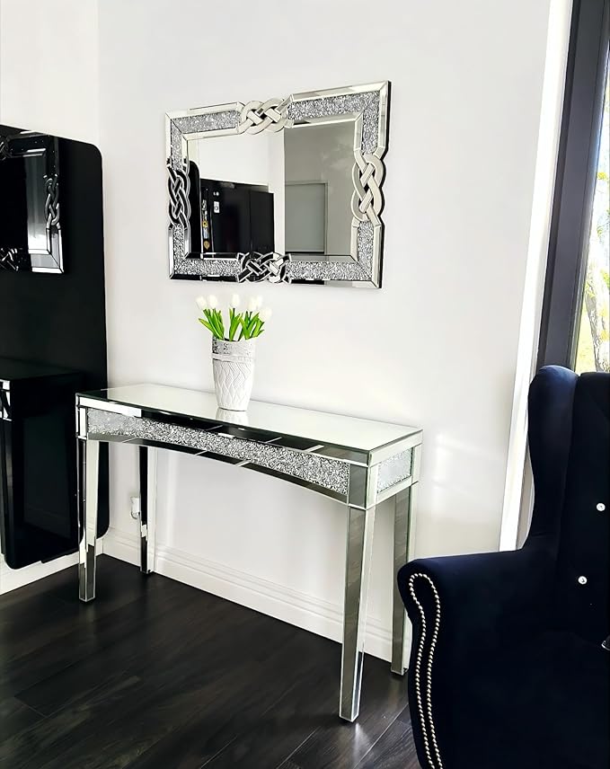 Crushed Diamond Mirror Silver Vanity Rectangular Wall Decor 36x24 inch