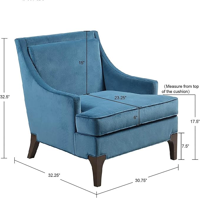 Martha Stewart Anna Upholstered Accent Chair, Removable Lumbar Pillow Support, Square Arm, Jacqard Fabric, Chic Modern Wide Cushion Seat Bedroom Lounge Comfy, Blue, 30.75" W x 32.25" D x 32.5" H