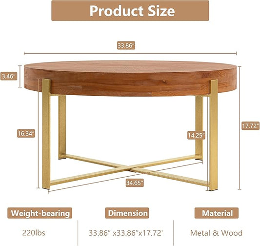 33.86" Round Coffee Table with X-Shaped Gold Metal Legs, Solid Wood Circle Table for Living Room, Retro Circular Table, Natural