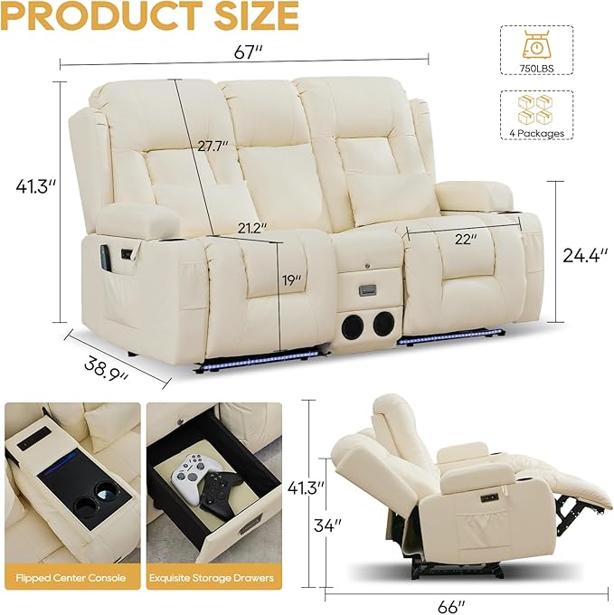 IPKIG Power Recliner Sofa with Flip-Up Backrest Console, USB & USB-C Ports, AC Outlet, LED Lights, Wall Hugger Recliners for Living Room, RV (Off Withe, 67" - 3 Seat) | Faux Leather, Zero Gravity, Dual Reclining, 2 Lumabr Pillow, Bluetooth Speakers