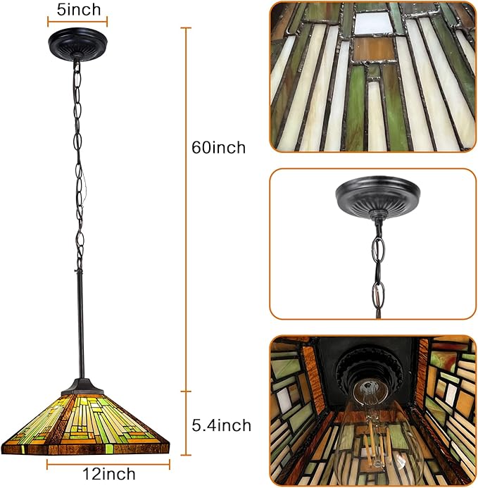 Capulina Tiffany Lamp Stained Glass Pendant Lights 12" Wide Amber Brown Mission Tiffany Style Hanging Lamp for Kitchen Island Dining Room Hallway Counter