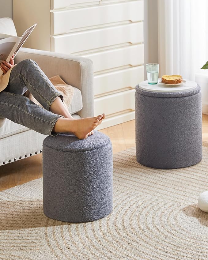 IBUYKE Storage Ottoman Set of 2 Round Ottoman Fleece Vanity Stool with Storage Velvet Footrest Stool End Table Boucle Ottoman for Home Organization Gray UWBD015G