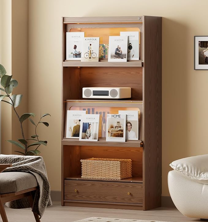 Solid Wood Bookcase With Flip-Up Tempered Glass Doors And 3 Color Led Lights,4 -Tier Wooden Bookshelf And 1 Drawer,Tall Bookshelves Modern Storage Cabinet Kitchen Pantry For Living Room,Office