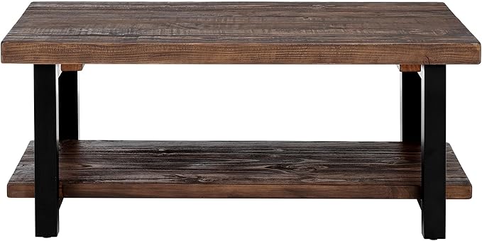 Alaterre Furniture Pomona Living Room Collection – 42 Inch Rectangular Solid Wood Coffee Table with Storage Shelf & Metal Legs – Rustic Industrial Farmhouse Living Room Table (Rustic Brown)