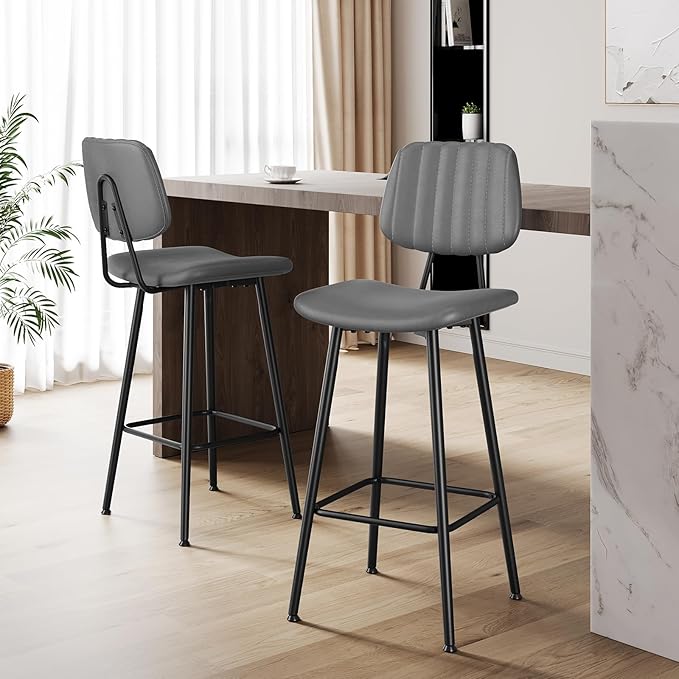 29-Inch Leather Bar Stools Set of 3, Counter Height Barstools with High Backrest，Bar Chairs for Kitchen Island with Heavy Duty Metal Base, Gray