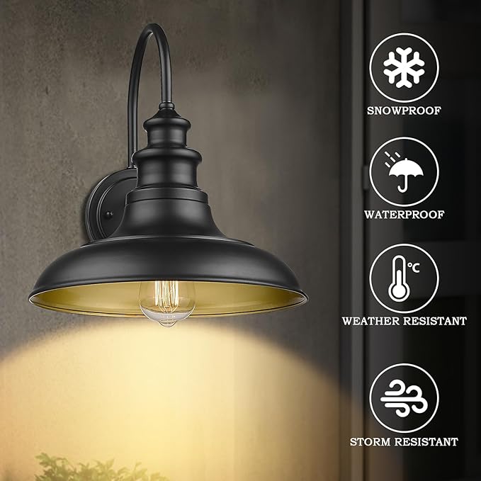 Outdoor Barn Light Fixtures, 12.3 Inch Large Dome Farmhouse Wall Mount Light Wall Sconces, Exterior Wall Lighting Fixtures Industrial Black Gold Lantern Lamps for Porch Garage Patio, 4 Pack