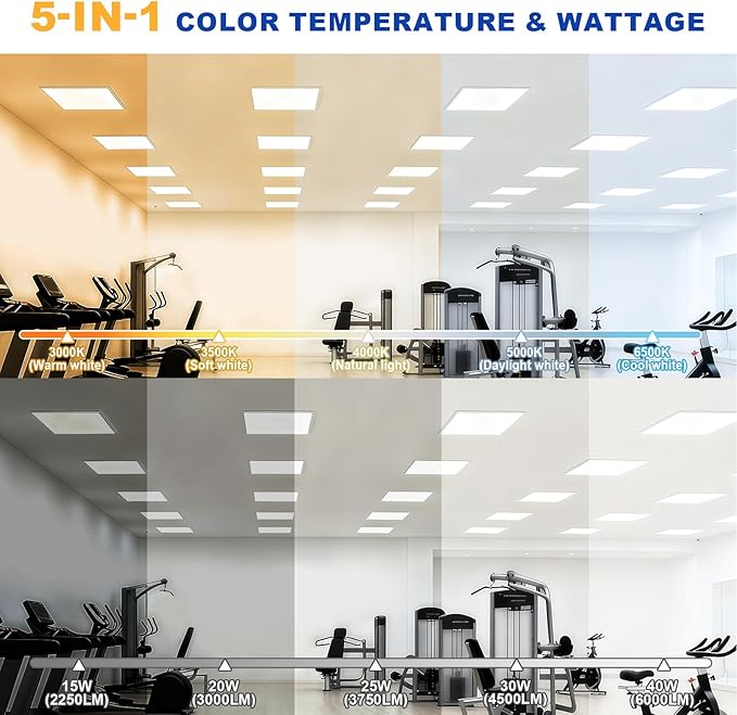 JESLED 6Pack 2x2 led Flat Panel Light, 6000LM, Drop Ceiling Lights Fixture for Office Kitchen Basement Laundry, 15W/20W/25W/30W/40W Selectable, 5CCT Switchable, 0-10V Dimmable, DLC ETL Listed