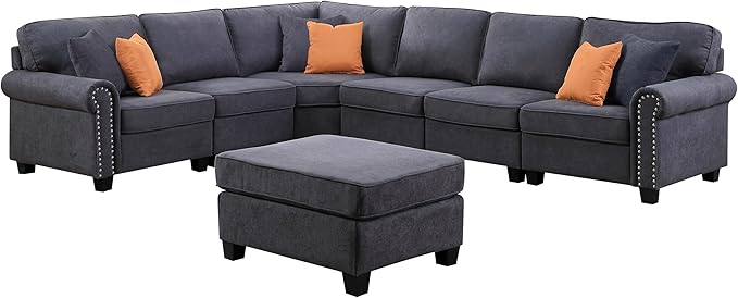 Ball & Cast 116" L-Shaped Sectional Couch with Movable Ottoman & Nailhead Trim Armrest,7 Seat Chenille Upholstered Sofa W/ 6 Throw Pillows,DIY Combination,Comfy Sectionals Set for Living Room,Gray