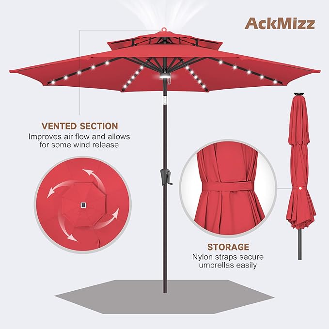 9ft Solar Umbrella Outdoor - 2 Tiers Lighted Solar Patio Umbrella with 40 LED Lights Waterprool UV Protection, Table Umbrella with Tilt for Pool, Porch, Garden, Backyard (Red)