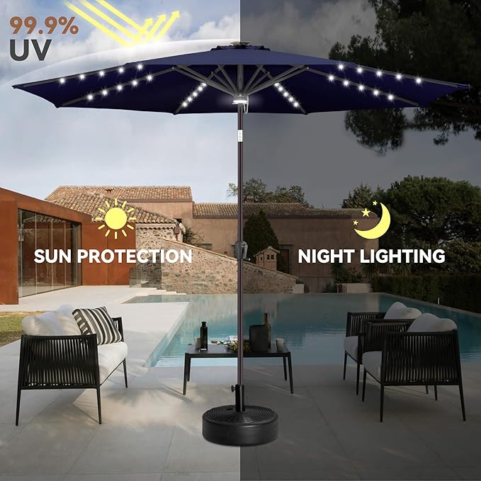 10ft Solar Umbrella Outdoor - Lighted Solar Patio Umbrella with 40 LED Lights Waterprool UV Protection, Table Umbrella with Tilt for Pool, Porch, Garden, Deck, Backyard (Navy Blue)